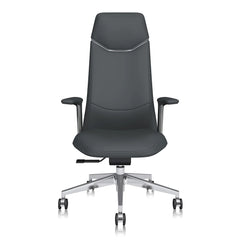 Dark gray leather office chair with padded arms, tall back, chrome base, rolling casters