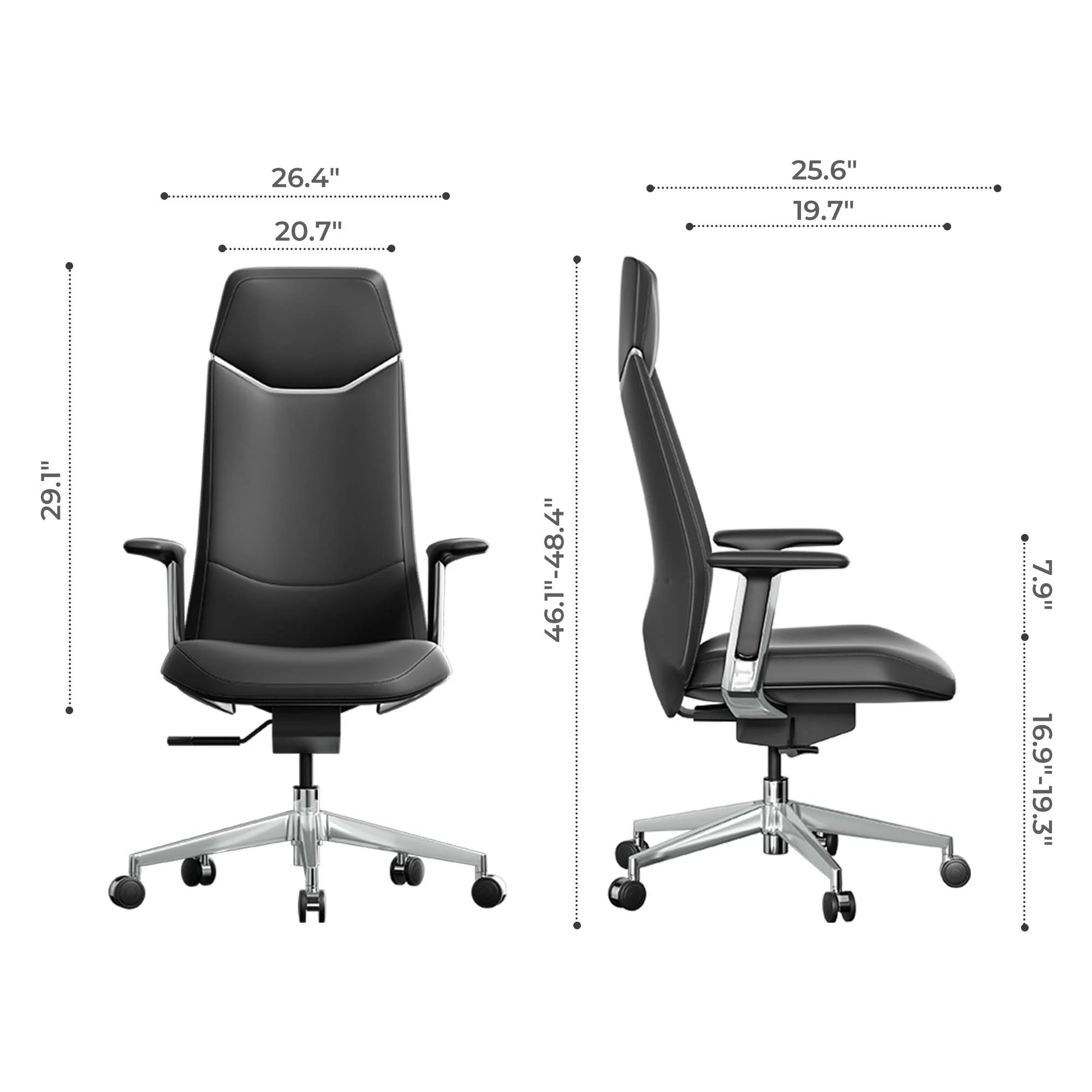 Office chair with dimension labels, dark leather seat and back, armrests, rolling base