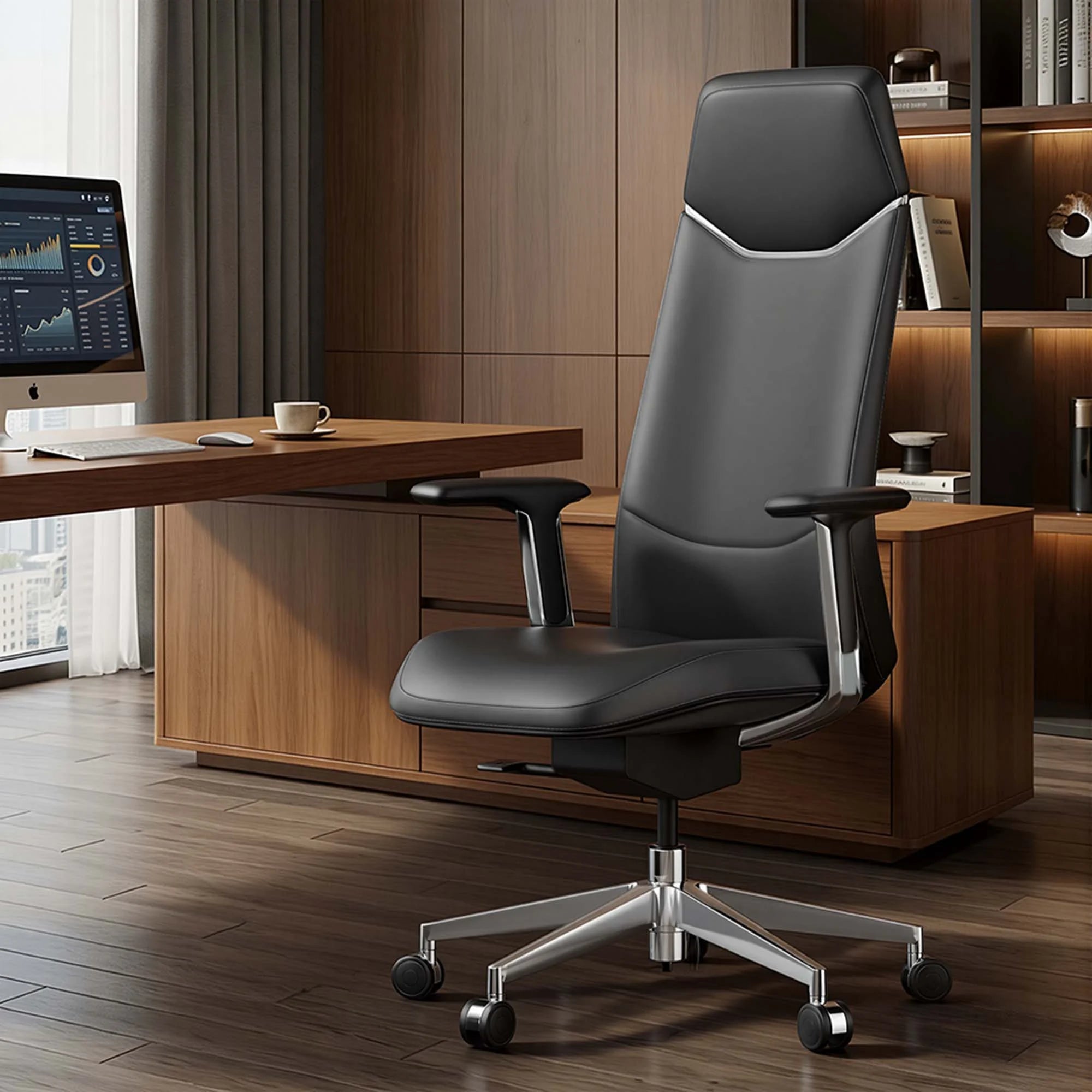 Gray leather office chair with tall back, padded arms, chrome base and rolling casters