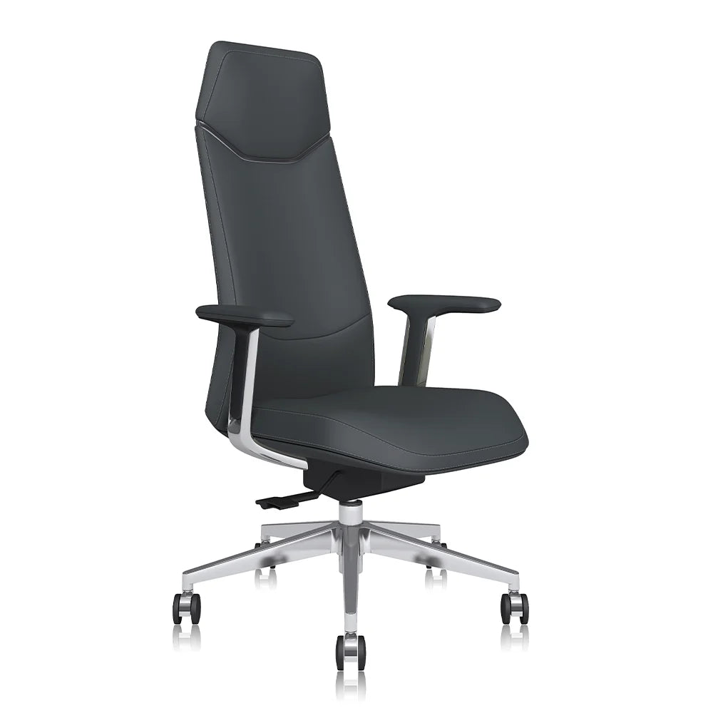 Dark gray leather office chair in profile, padded arms, tall back, chrome base, casters