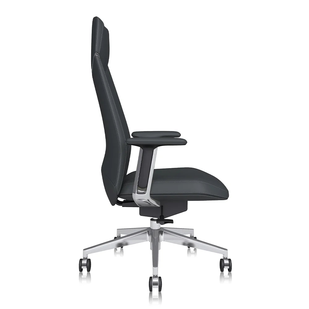 Dark gray leather office chair side profile with tall backrest, padded seat, chrome base