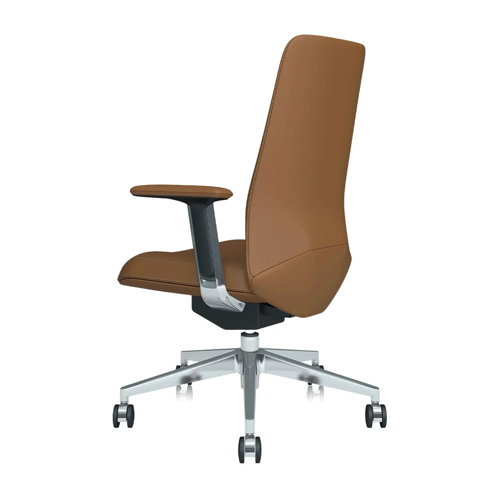 Burnt orange mid-back leather office chair with armrests and swivel base