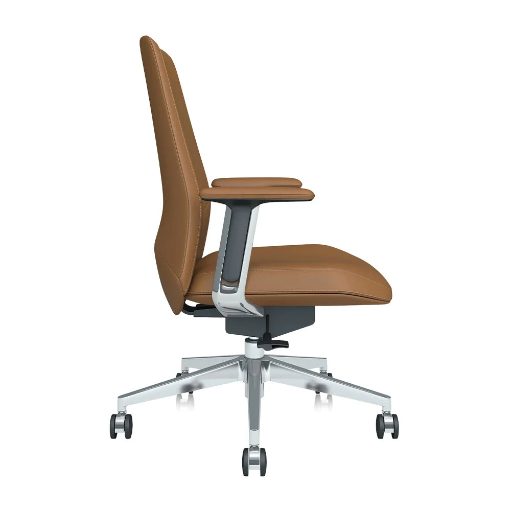 Brown mid-back office chair with armrests, padded seat, and swivel caster base