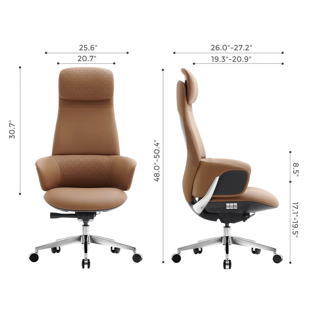 Brown office chair size diagram with dimension lines and angles