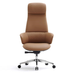 Tan premium leather office chair with headrest, lumbar support, and swivel base