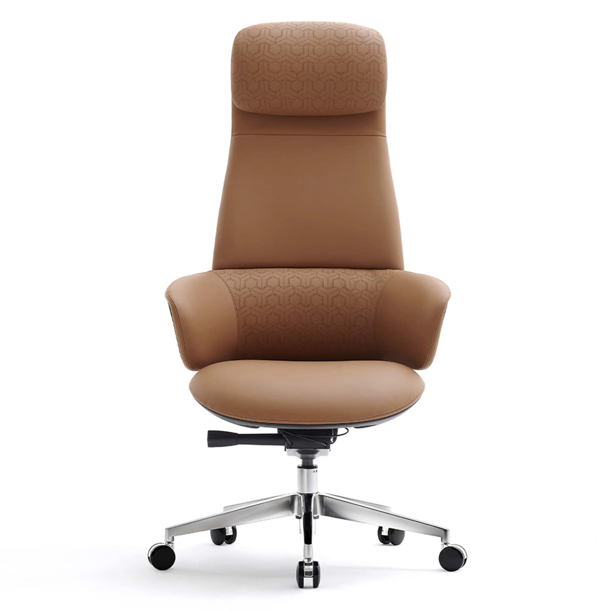 Leather office chair with lumbar support, warm brown seat and patterned backrest