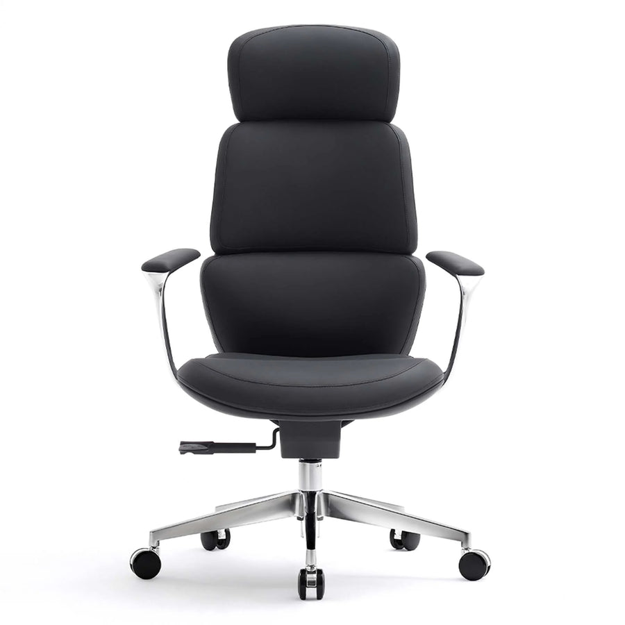 Black leather office chair with headrest and cushioned seat, chrome star base.
