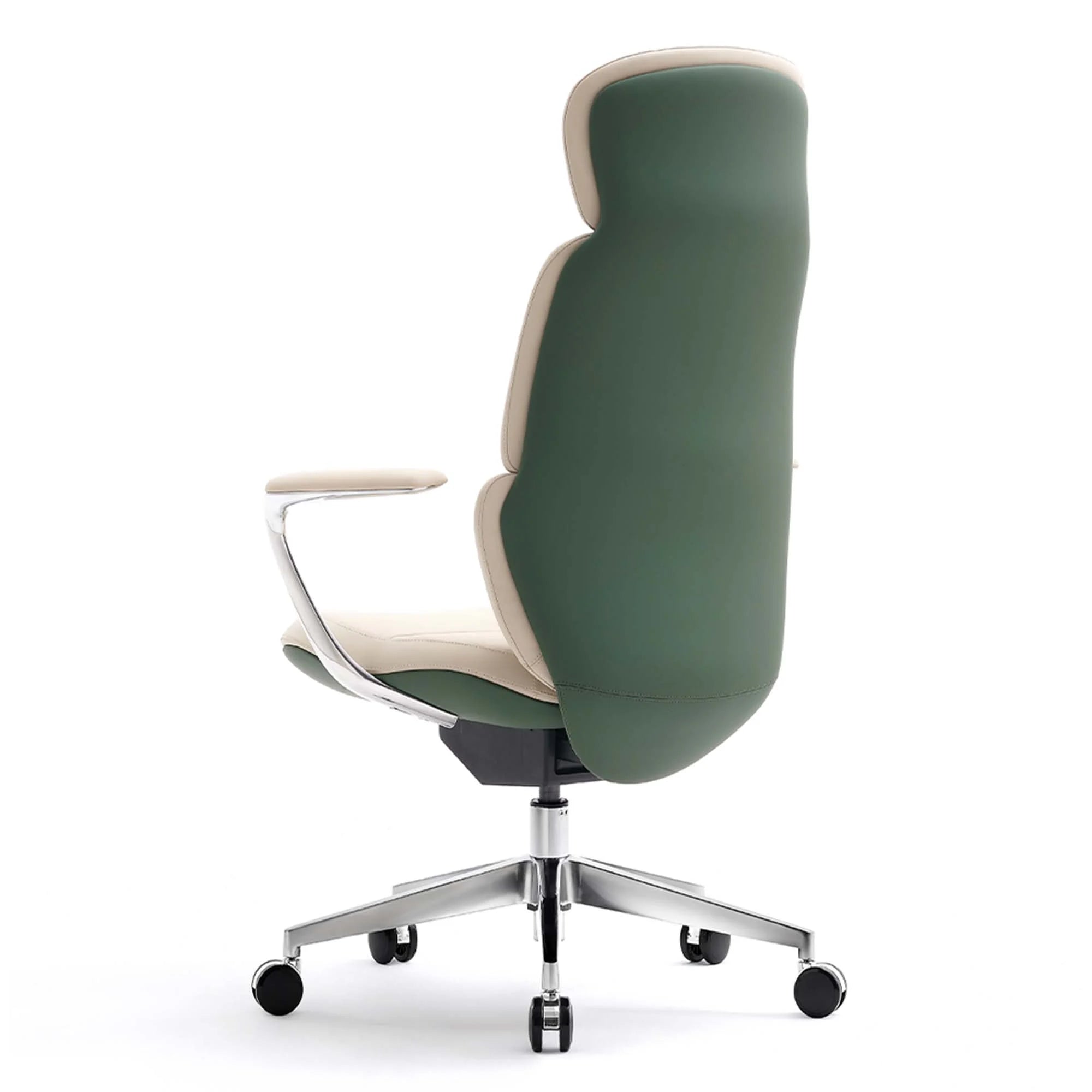 Green leather office chair in side profile with chrome armrests and rolling base.