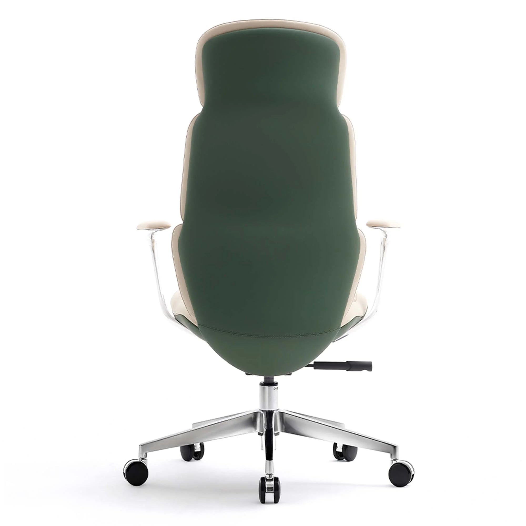 Green leather office chair with tall back, chrome arm supports, and rolling star base.