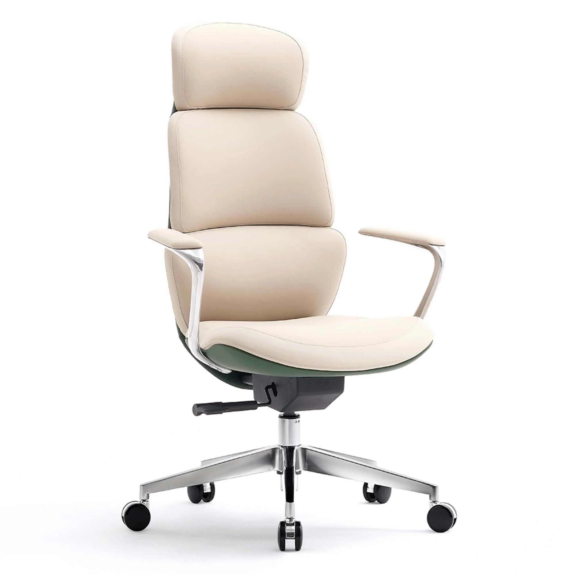 Beige leather office chair with tall back, curved arms, and chrome rolling star base.