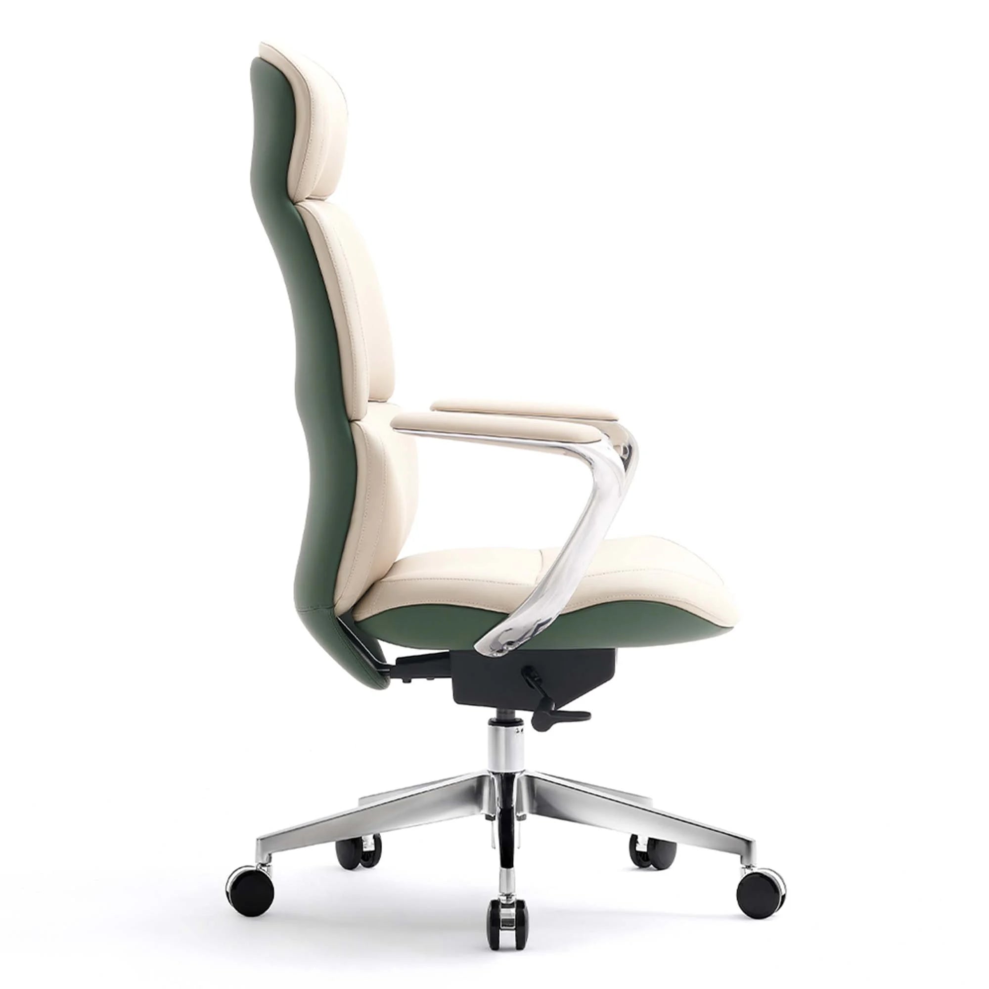 Green and beige leather office chair with tall back, chrome arm frame, and rolling base.