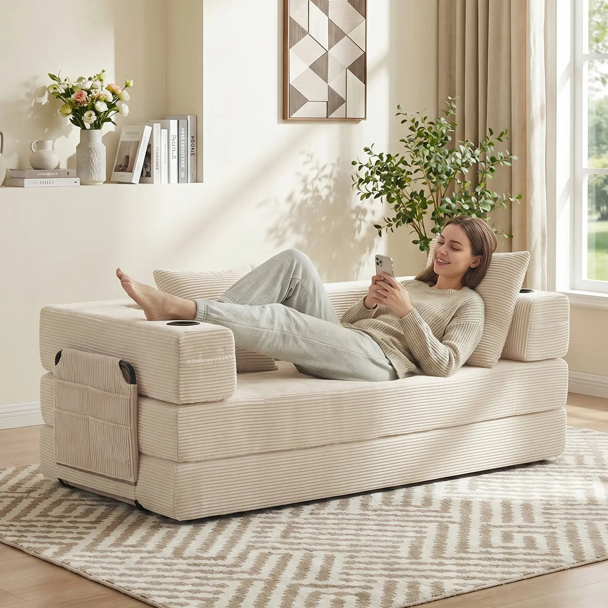 Plush cream striped sofa-style pillow with hidden blanket, person lounging with throw