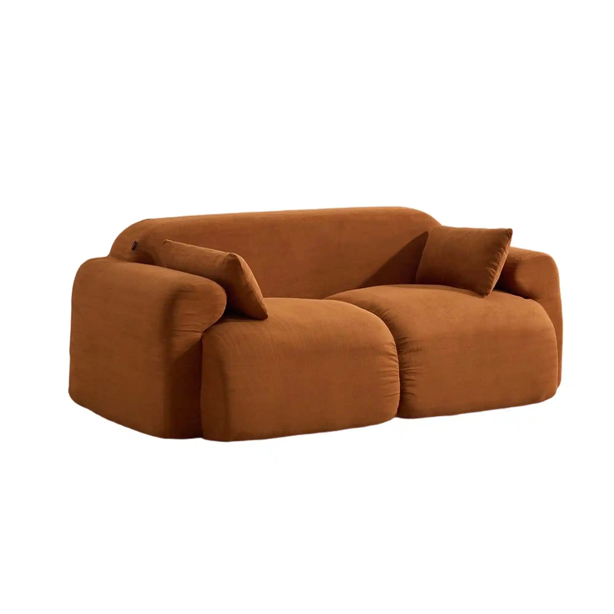 Burnt orange corduroy loveseat sofa with rounded arms, two seat cushions, and back cushions