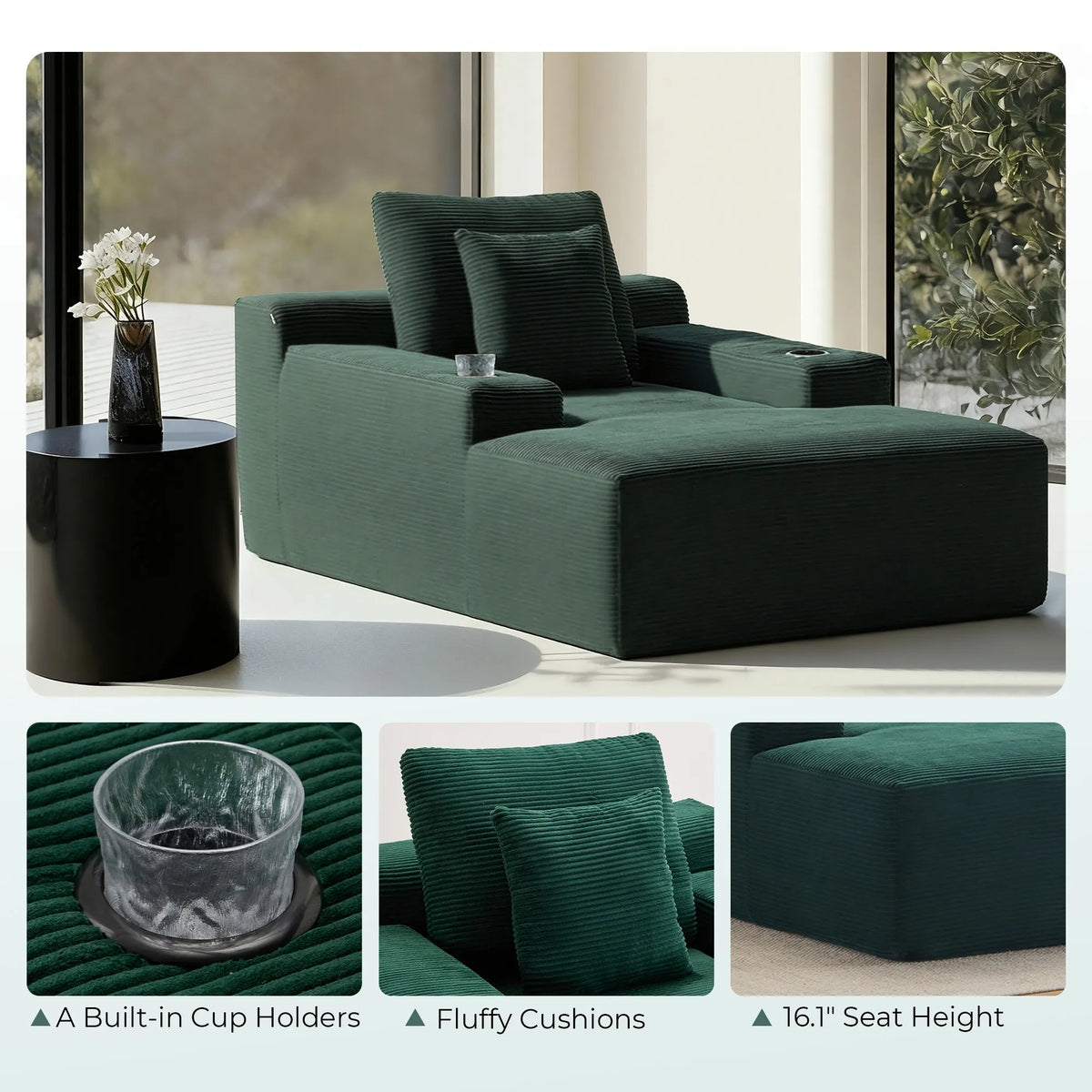 Green oversized single sofa with compressed design and square armrests