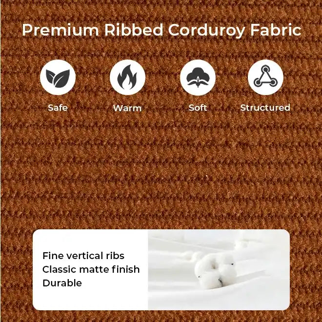 Brown ribbed corduroy fabric swatch with fine vertical ridges