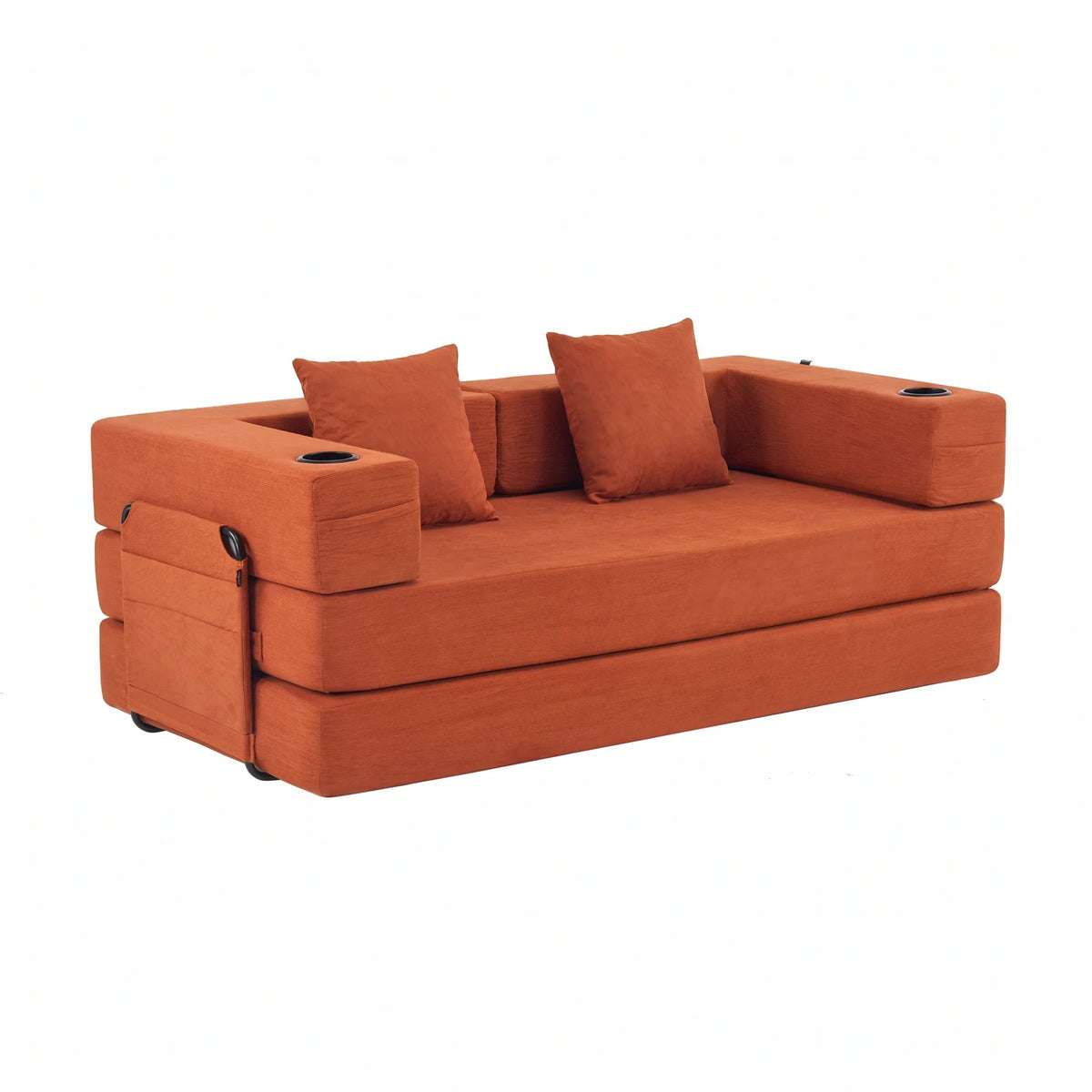 Orange modular sofa with low arms, three seat cushions, and two back pillows