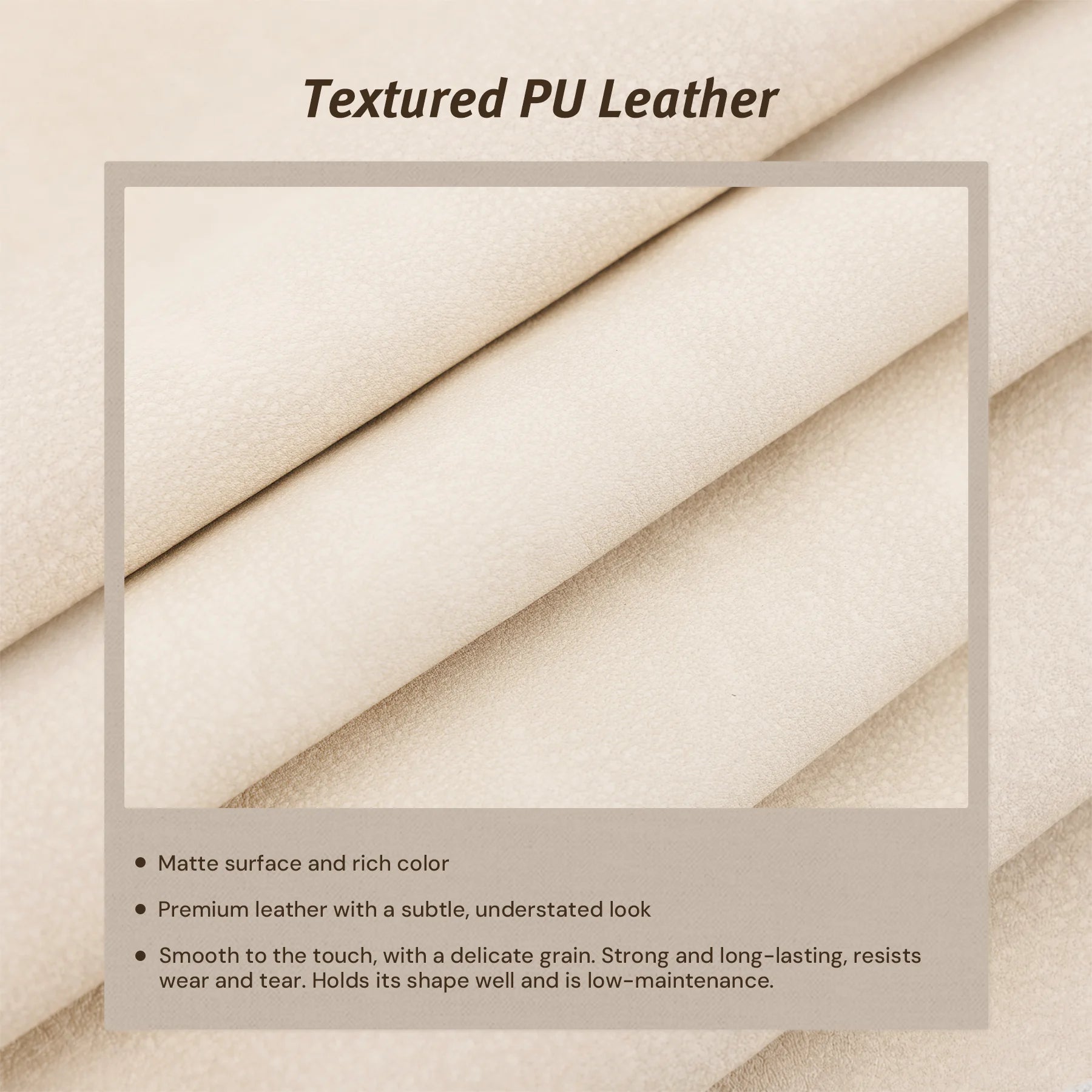 Cream textured PU leather upholstery with matte finish on sofa seat and arm
