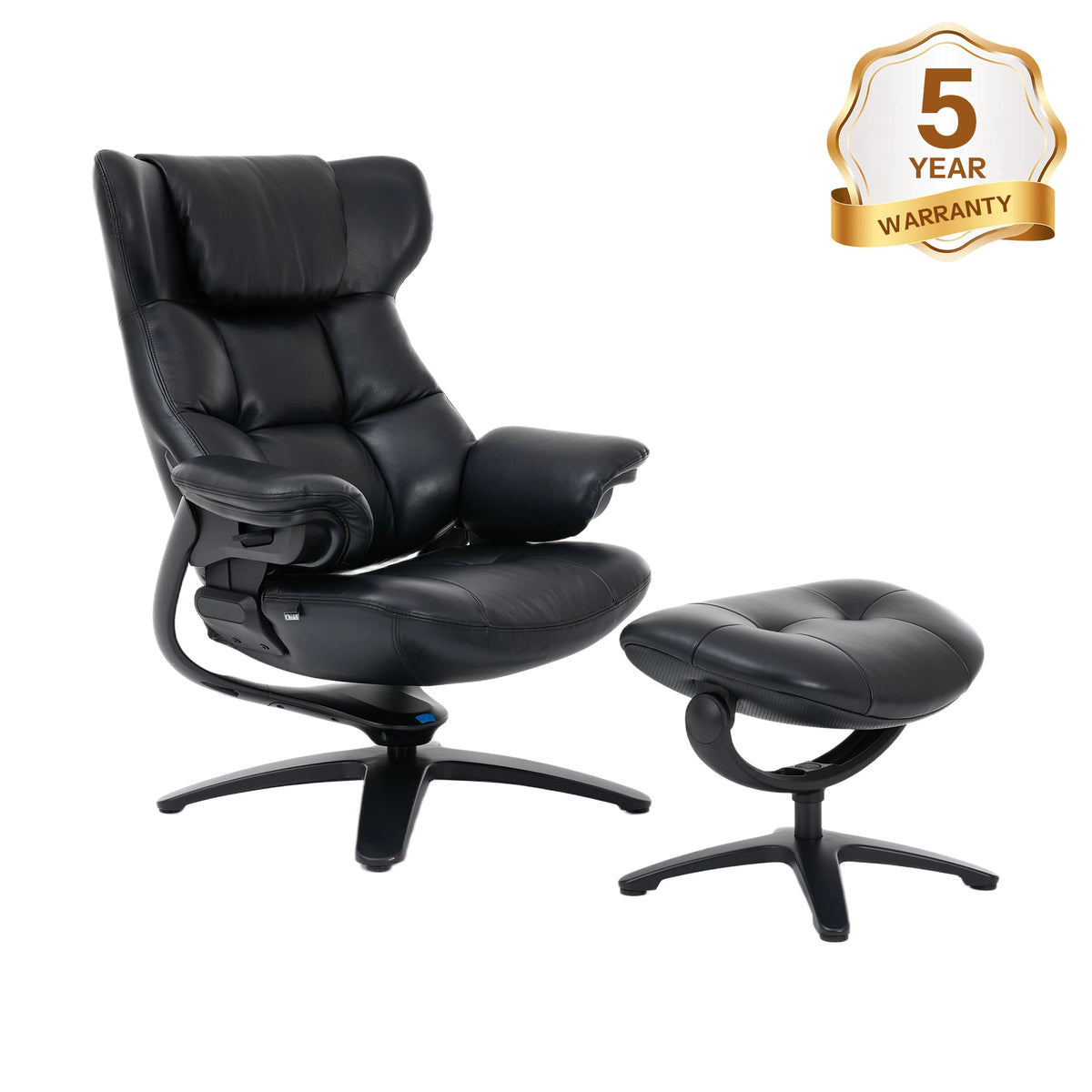 Black recliner lounge chair with ottoman, cushioned seat and headrest
