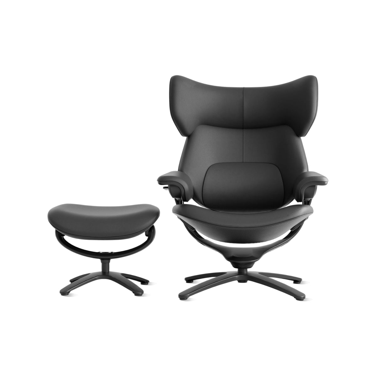 Black recliner lounge chair with matching ottoman, front view with wide padded headrest.