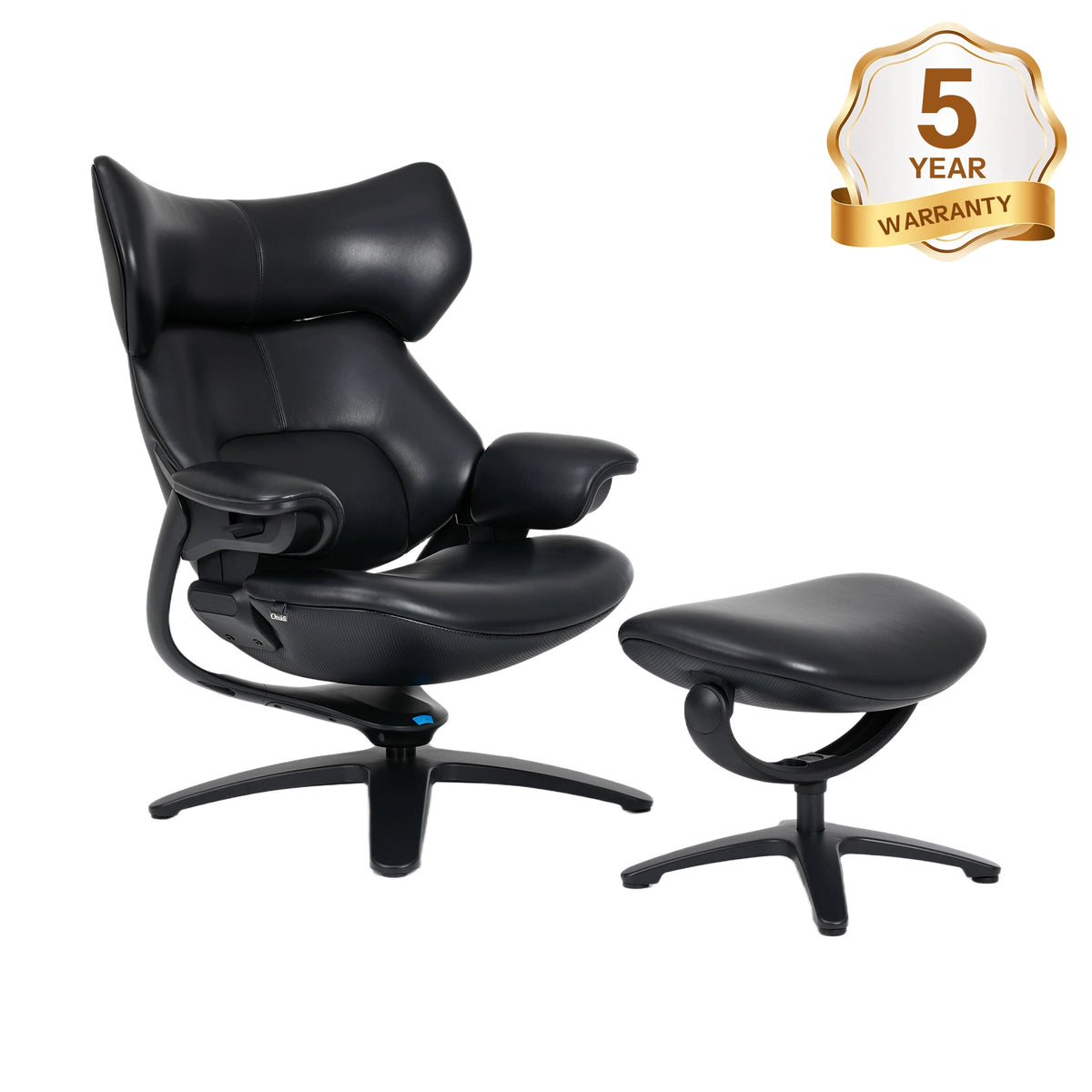 Black recliner lounge chair with ottoman, glossy upholstery and curved seat cushions.