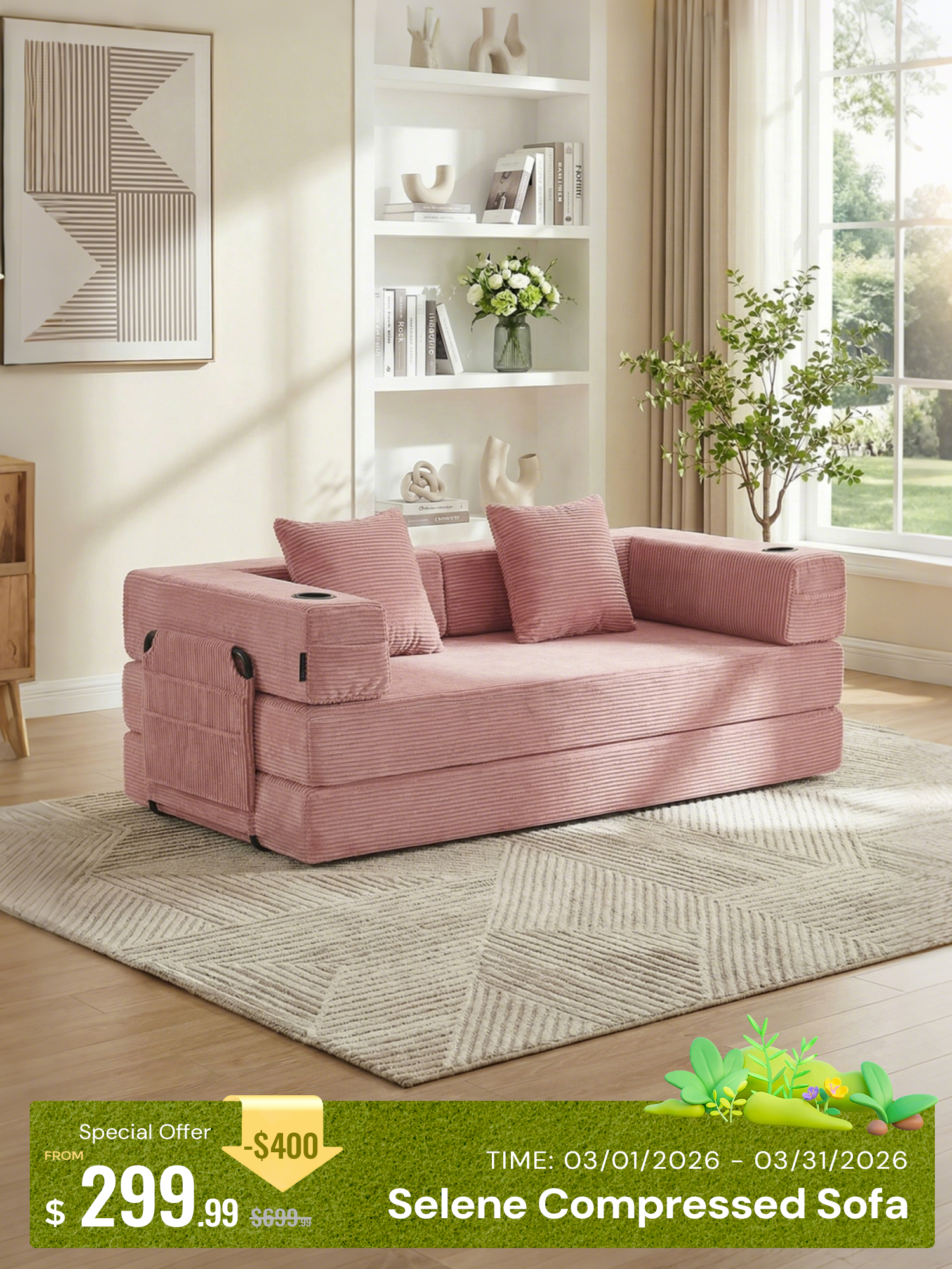 Selene Compressed Modular Sofa Bed-14.2" Seat Height