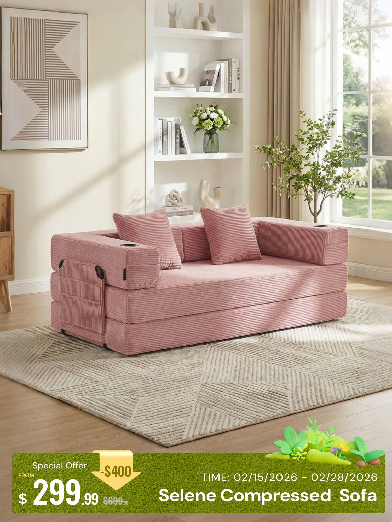 Selene Compressed Modular Sofa Bed-14.2" Seat Height