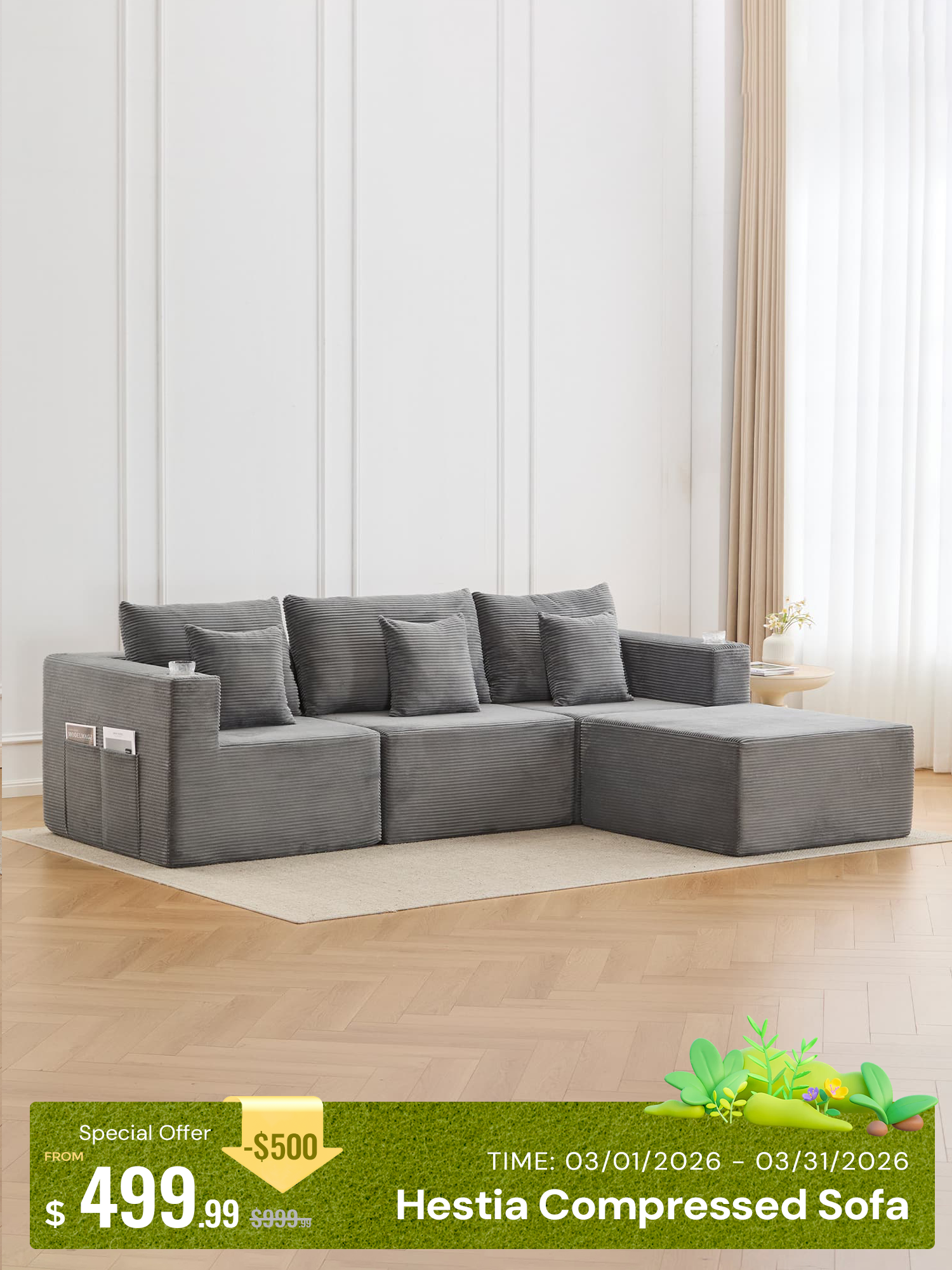 Hestia Compressed Modular Sofa with Cup Holders & Storage