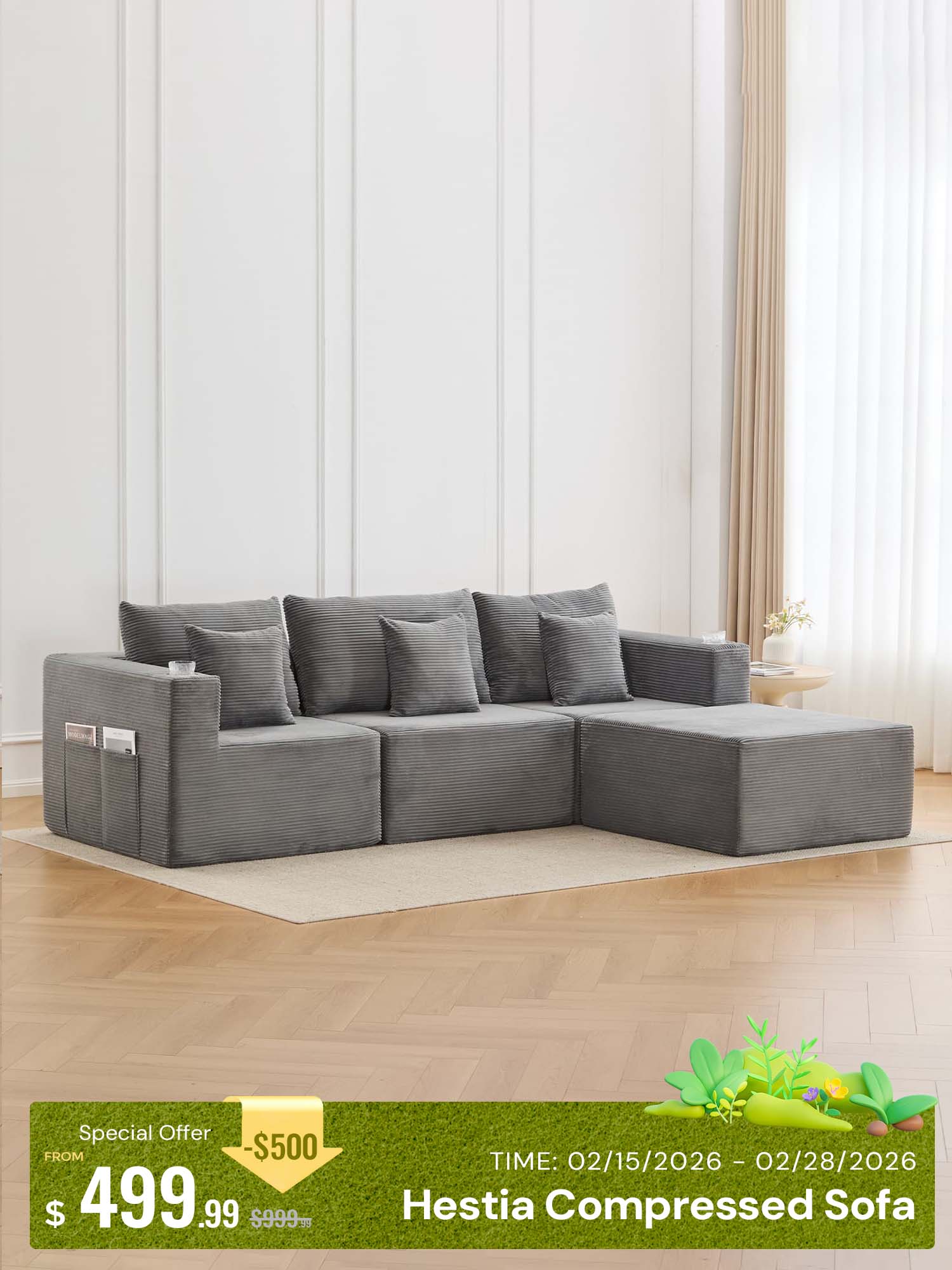 Hestia Compressed Modular Sofa with Cup Holders & Storage
