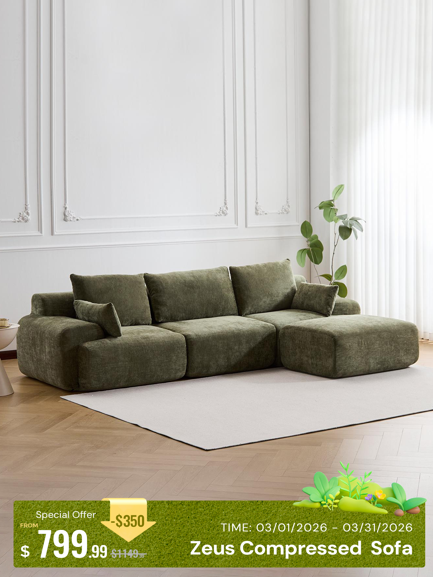 Zeus Compressed Sectional Sofa with Ottoman