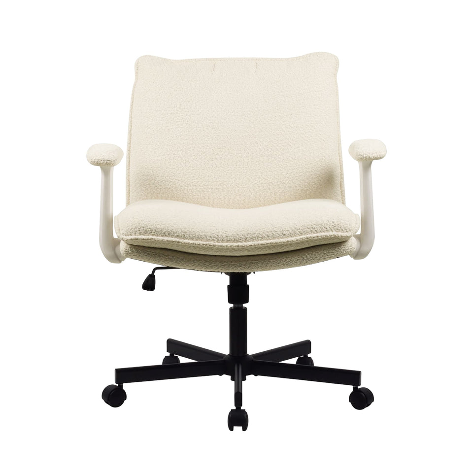 Criss cross office chair with cream fabric seat and back, adjustable armrests, black rolling base.