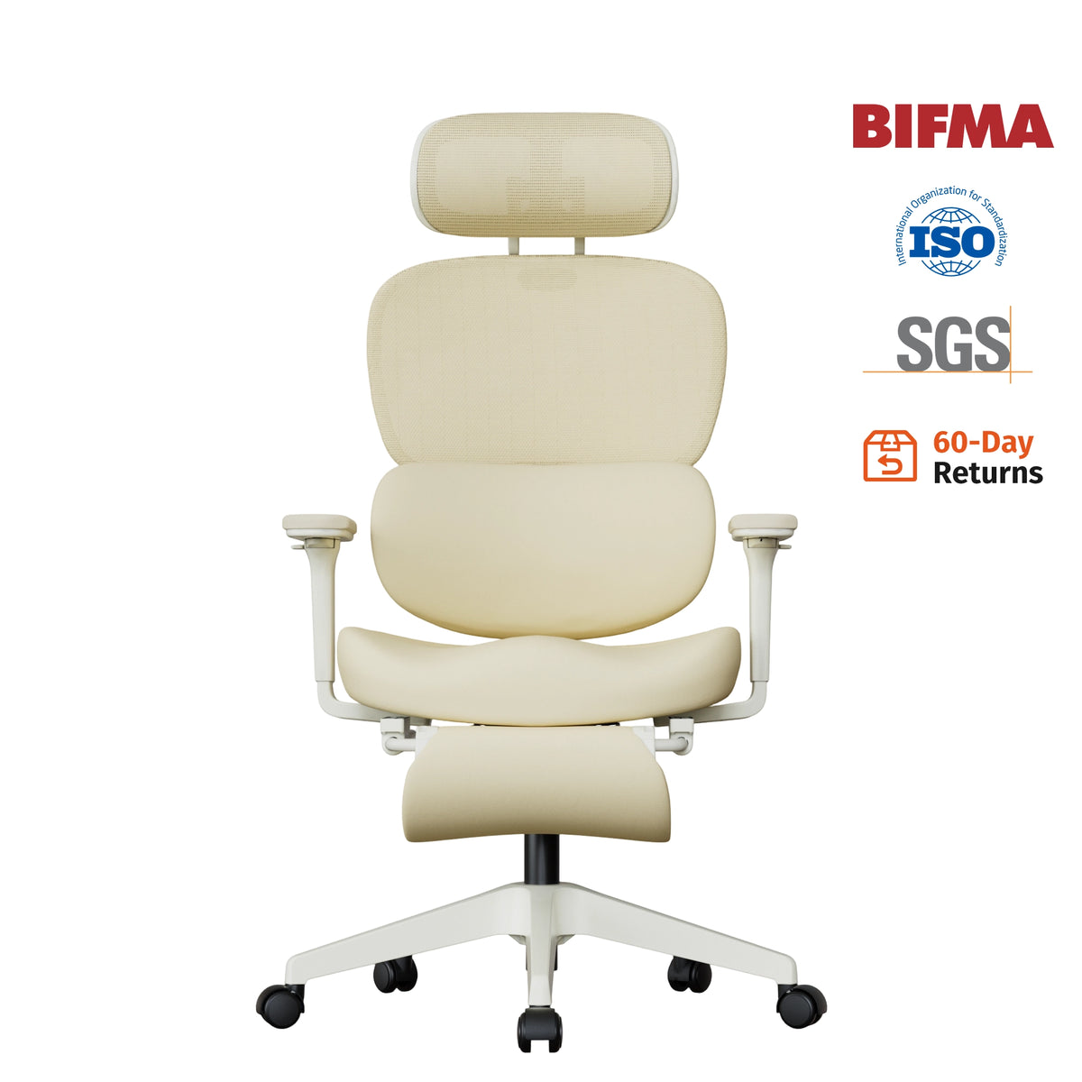 Cream ergonomic office chair with cushioned seat, backrest, and padded headrest