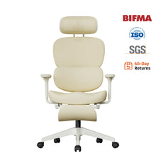 Cream ergonomic office chair with cushioned seat, backrest, and padded headrest