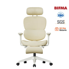 Cream ergonomic office chair with cushioned seat, backrest, and padded headrest