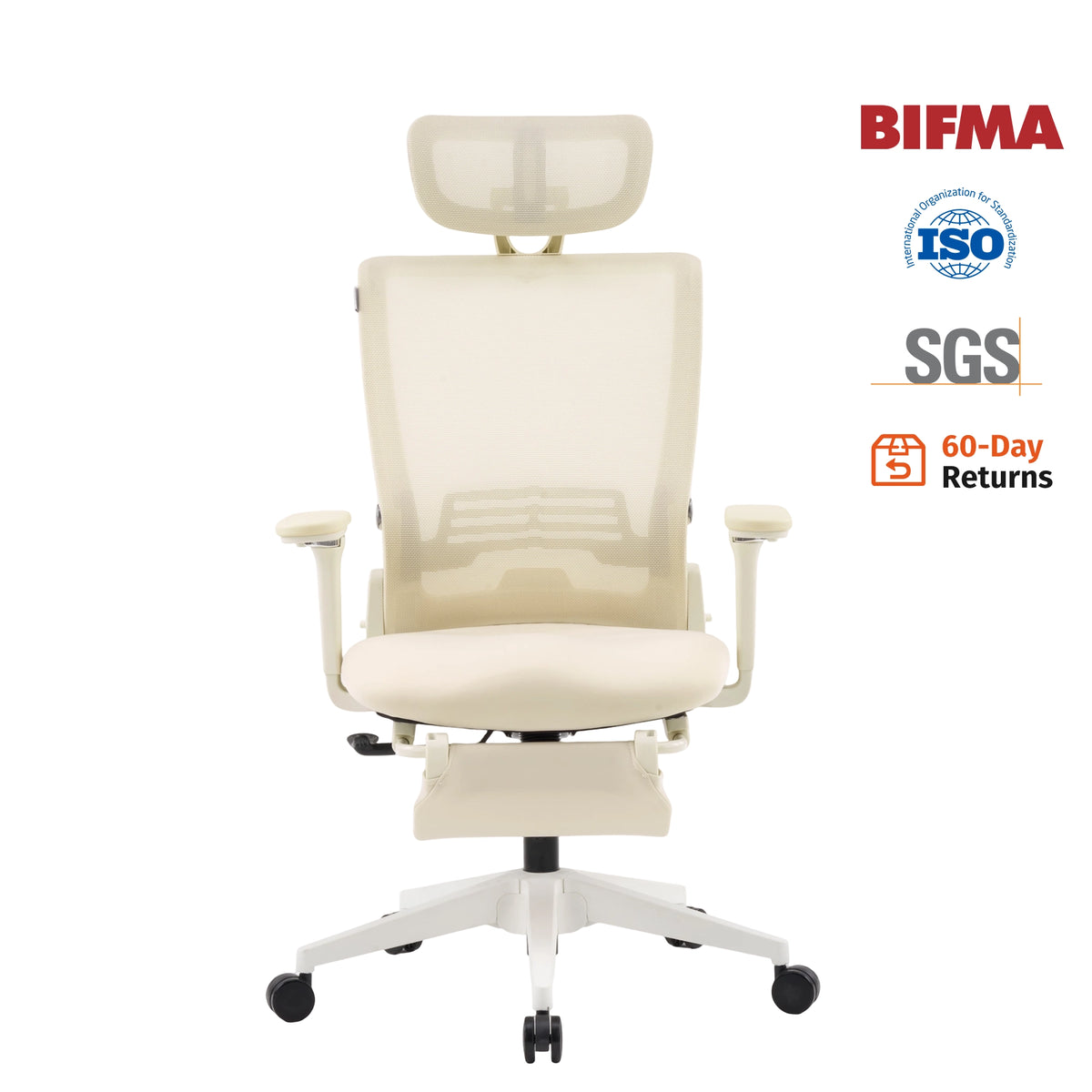 Cream ergonomic office chair with foldable backrest, padded seat, armrests, wheeled base