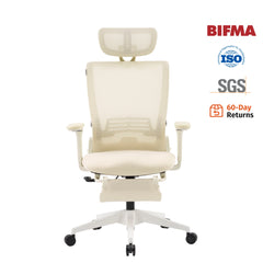 Cream ergonomic office chair with foldable backrest, padded seat, armrests, wheeled base