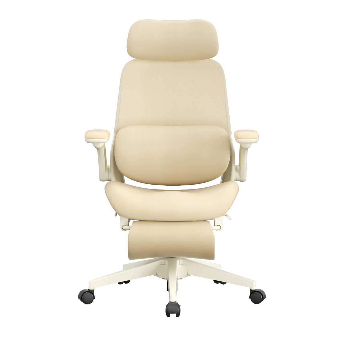 Cream ergonomic office chair with padded back, seat, armrests, and rolling caster base
