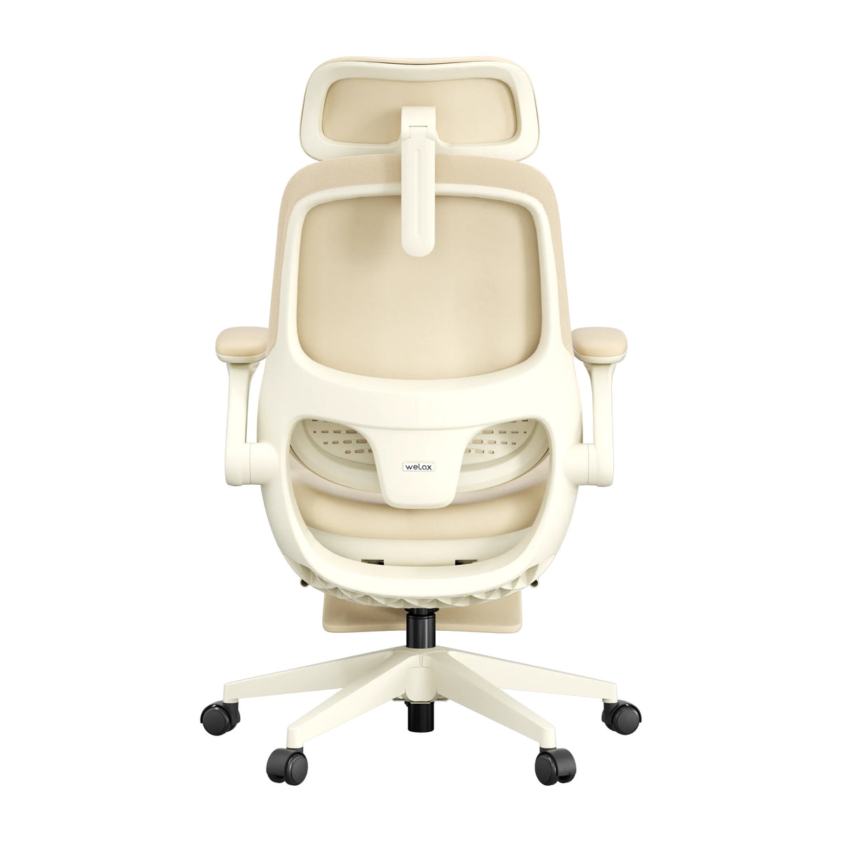 Cream ergonomic office chair with foldable backrest, padded seat, armrests, and caster wheels