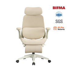 Cream ergonomic office chair with padded headrest and flip-up armrests, rolling base