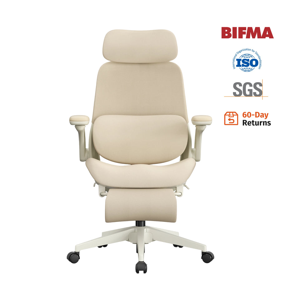 Cream ergonomic office chair with padded headrest and flip-up armrests, rolling base