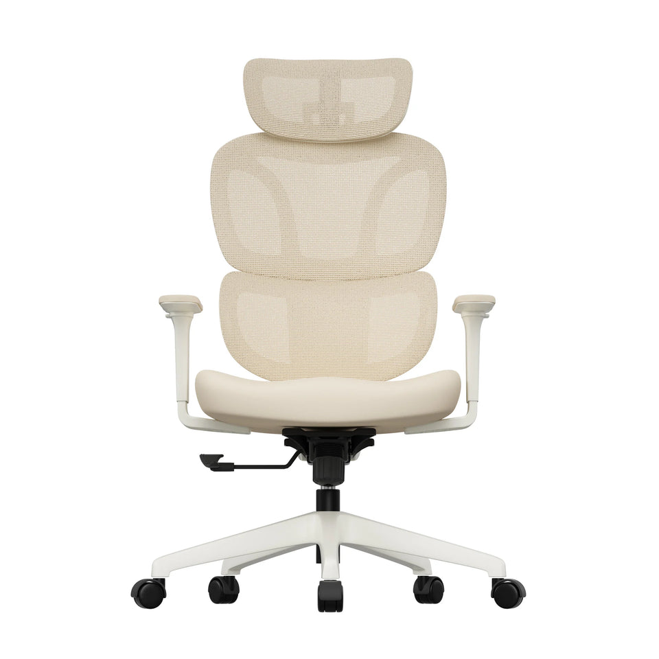 Cream office chair with high padded back and headrest, armrests, and caster wheels