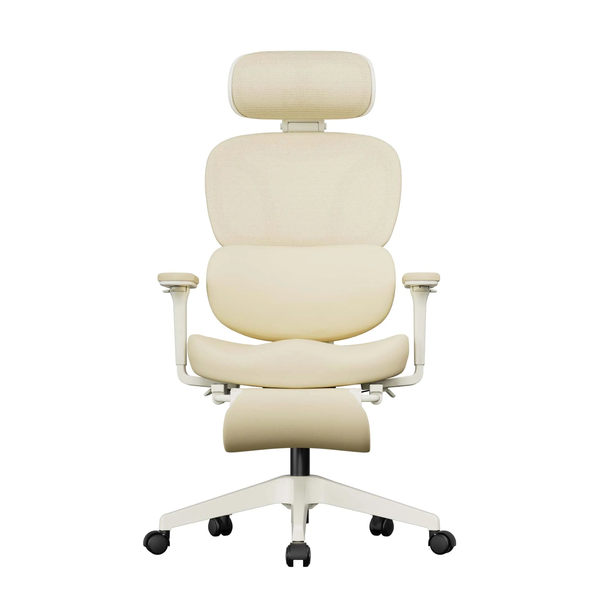 Cream office chair front view with high headrest, padded back, and armrests