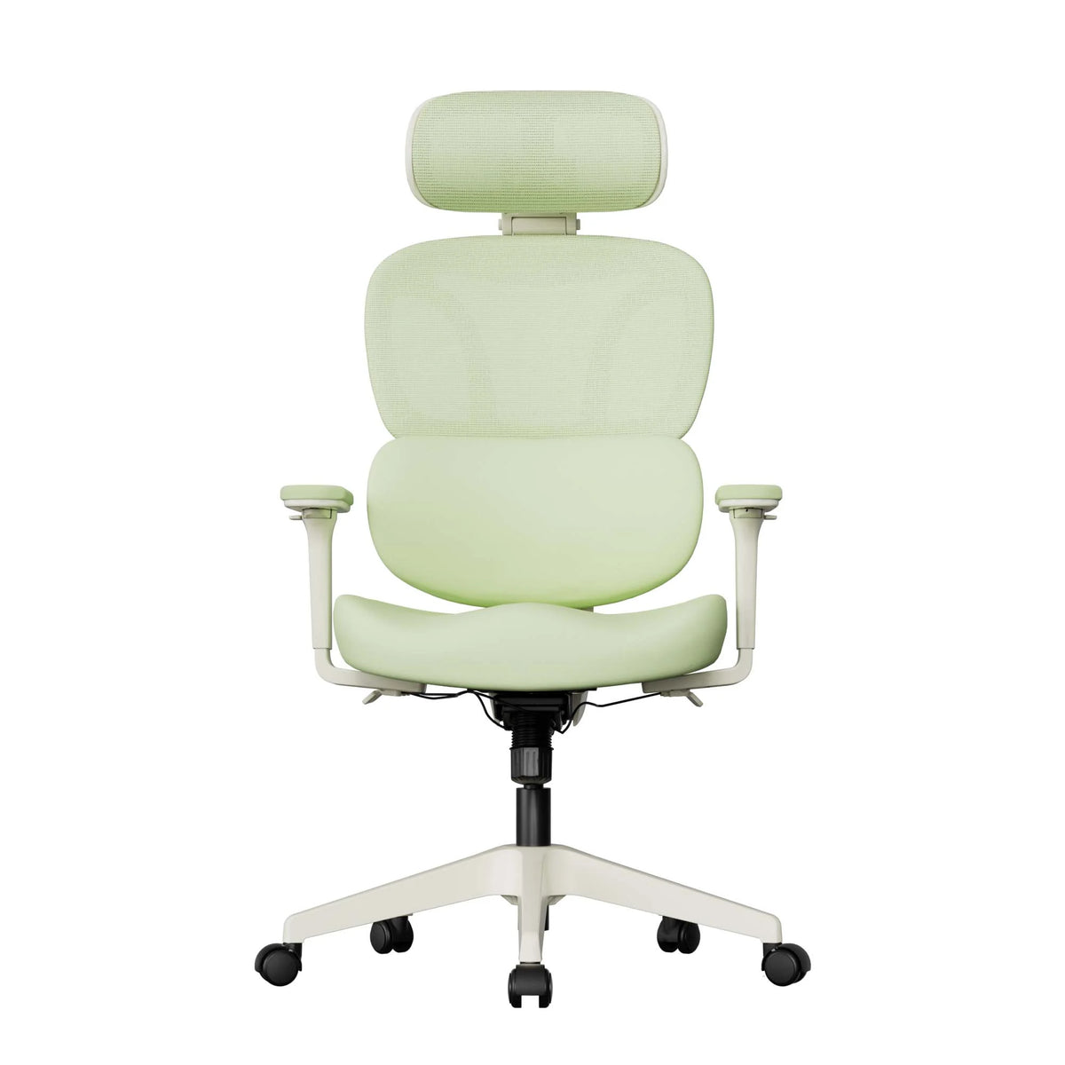 Green ergonomic office chair with padded headrest, seat, armrests, and caster wheels