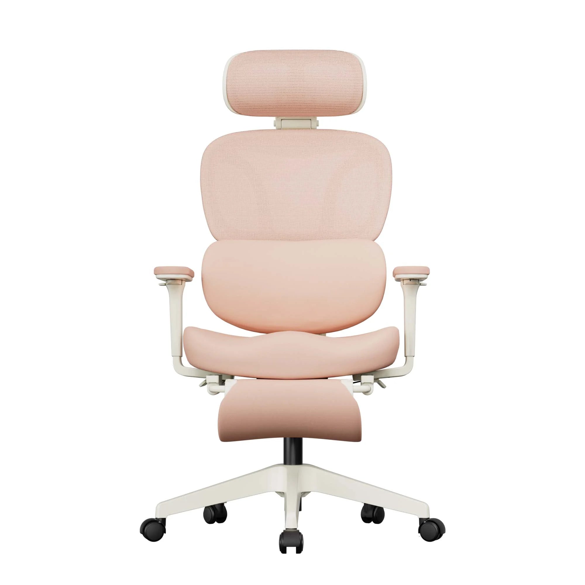 Ergonomic office chair with light pink upholstered back and cushioned seat, white base