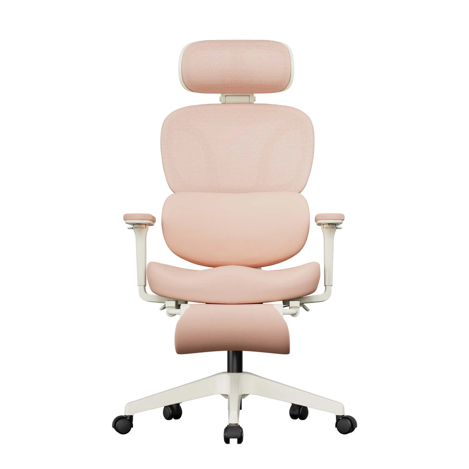Ergonomic office chair with light pink upholstered back and cushioned seat, white base