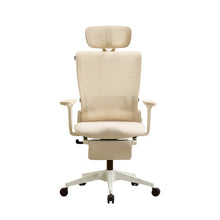 Cream ergonomic desk chair, padded headrest and seat, foldable backrest, swivel base