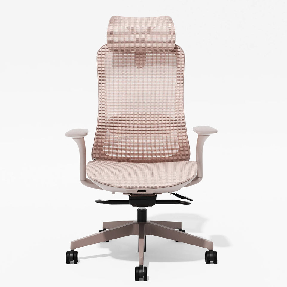 Apricot mesh office chair with arched backrest, cushioned seat, and five-star base