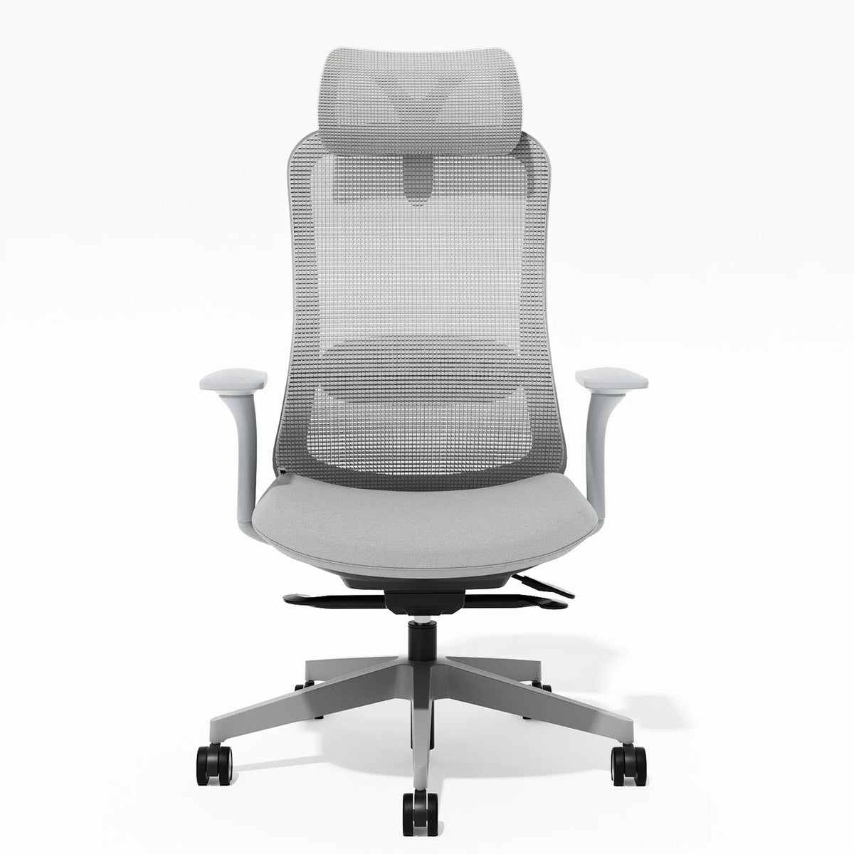 Office chair with arched mesh backrest, headrest, and gray cushioned seat