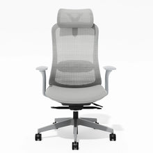 Office chair with arched mesh backrest, headrest, and gray cushioned seat
