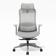 Office chair with arched mesh backrest, headrest, and gray cushioned seat