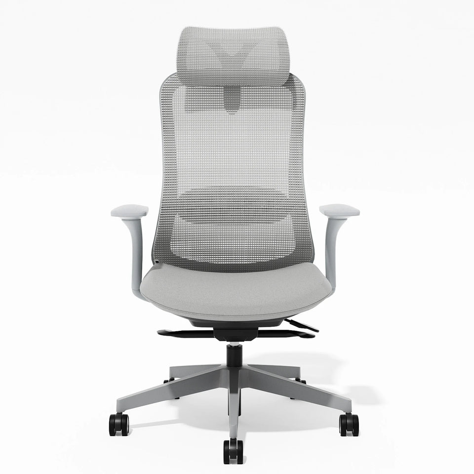 Office chair with arched mesh backrest, headrest, and gray cushioned seat